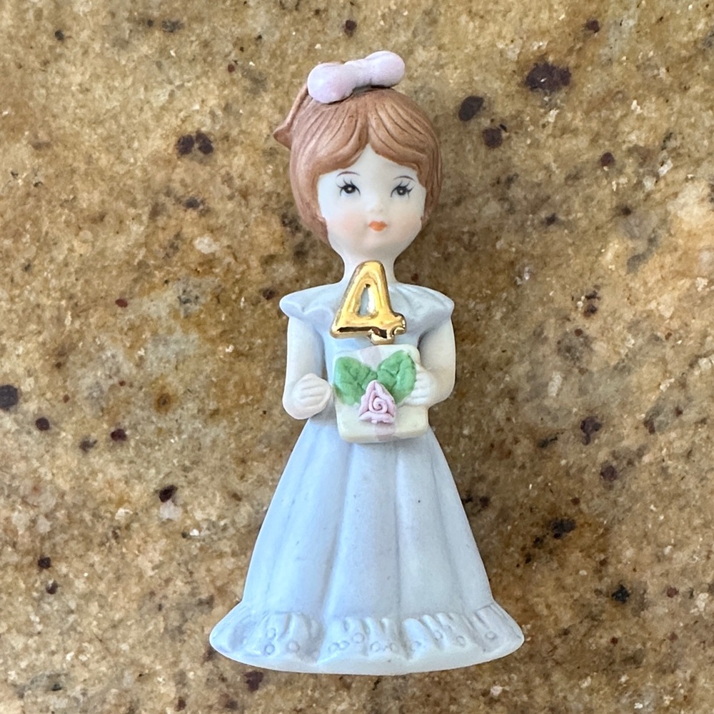 Porcelain Girl Cake Topper with Gold Number 4. Birthday Girl with Brown hair.